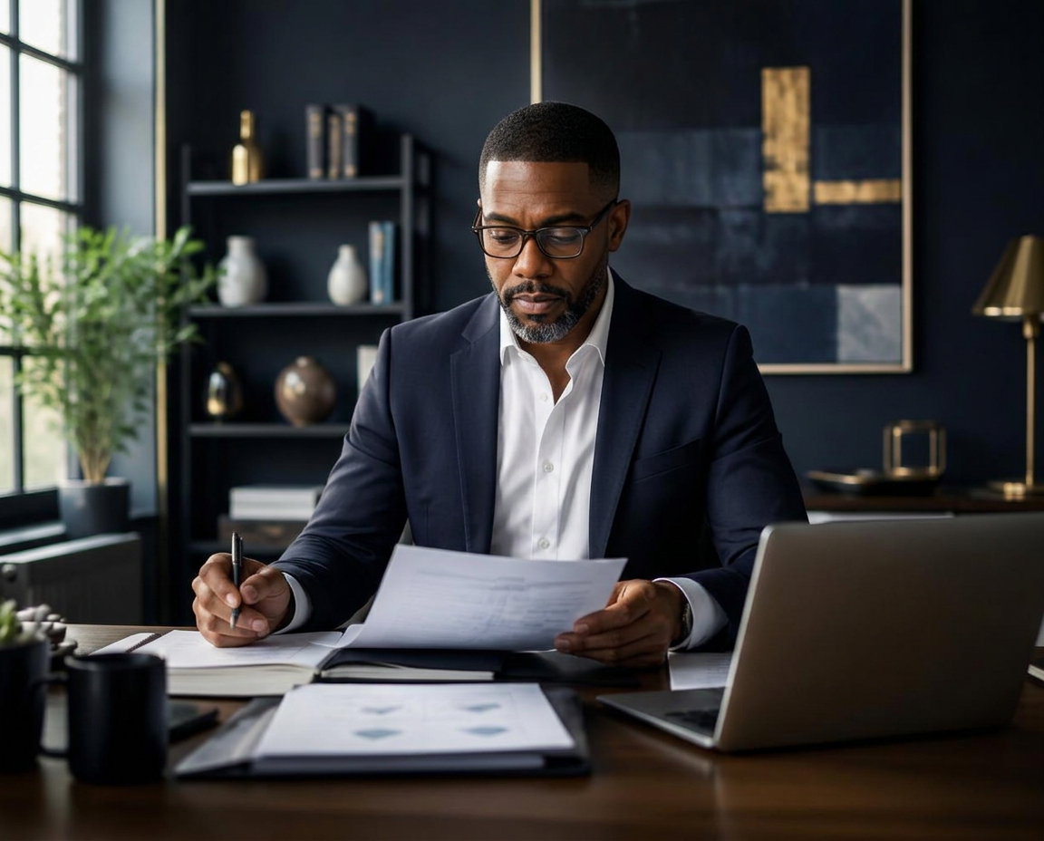 Small-business owner reviewing contracting documents at a desk