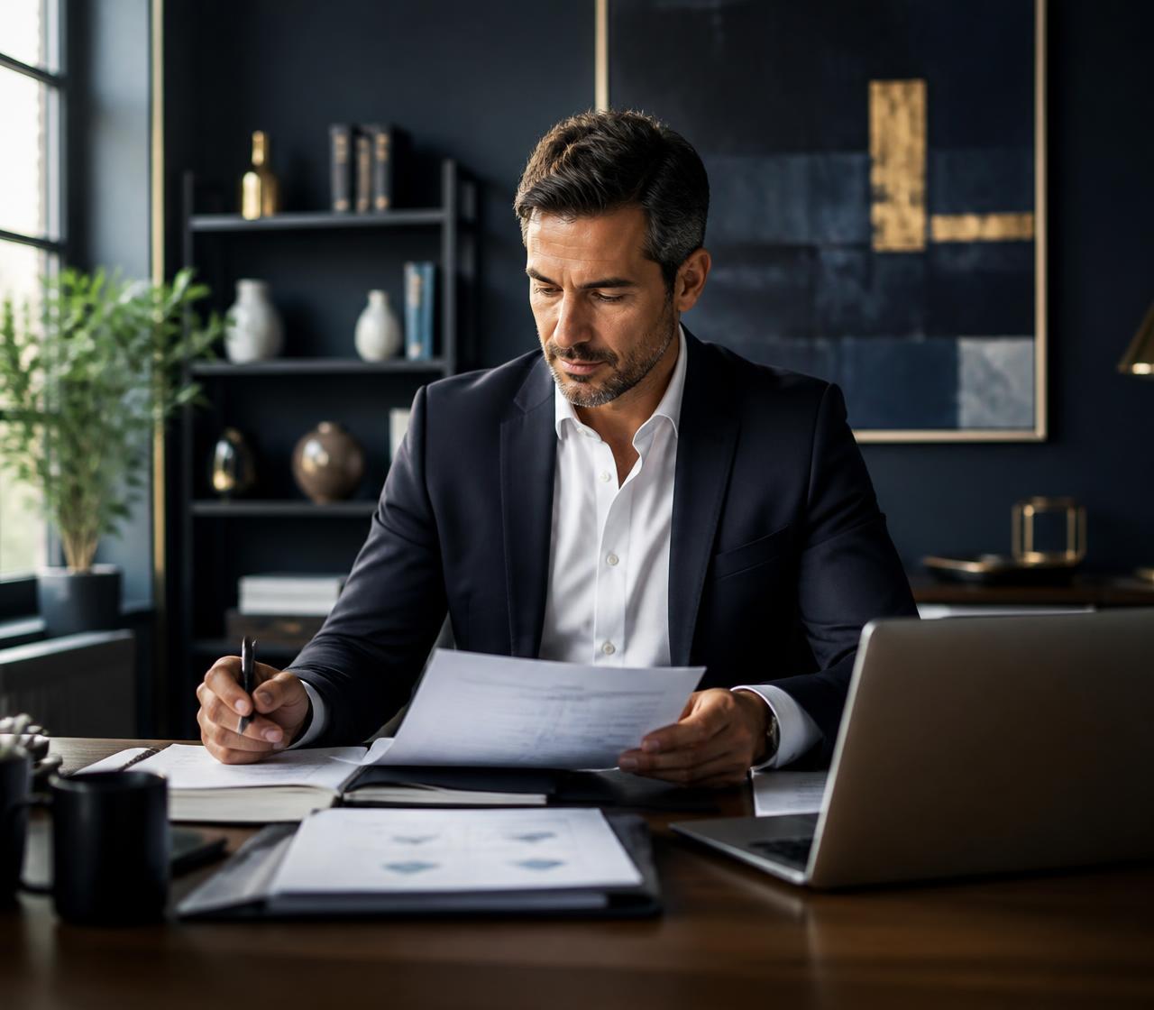 Small-business owner reviewing contracting documents at a desk